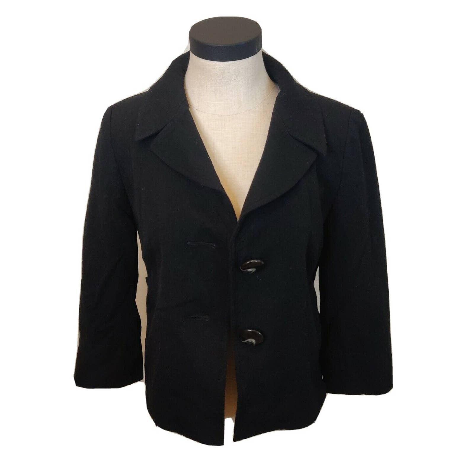 Talbots Womens Blazer Jacket Black Size 4 Petite Wool Blend 3/4 Sleeve Button